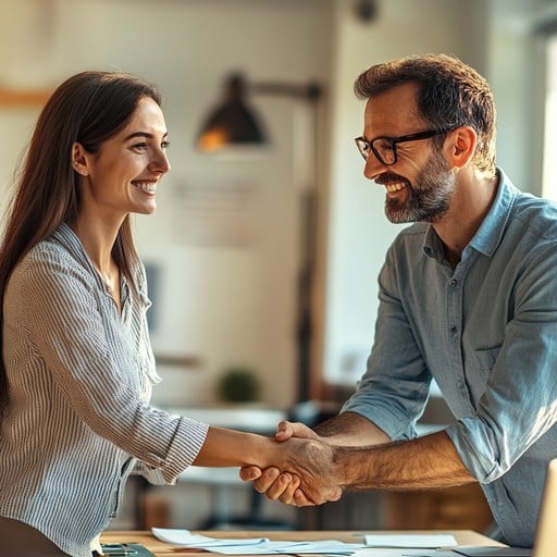Two professionals smiling and shaking hands in a bright office — creating real connections in a world full of noise.