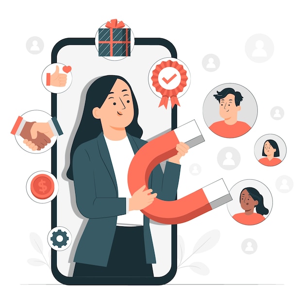 Flat illustration of a featured shopping bag with icons of hearts, stars, keys, and users around it, representing emotional connection, trust, and lasting loyalty to a brand.